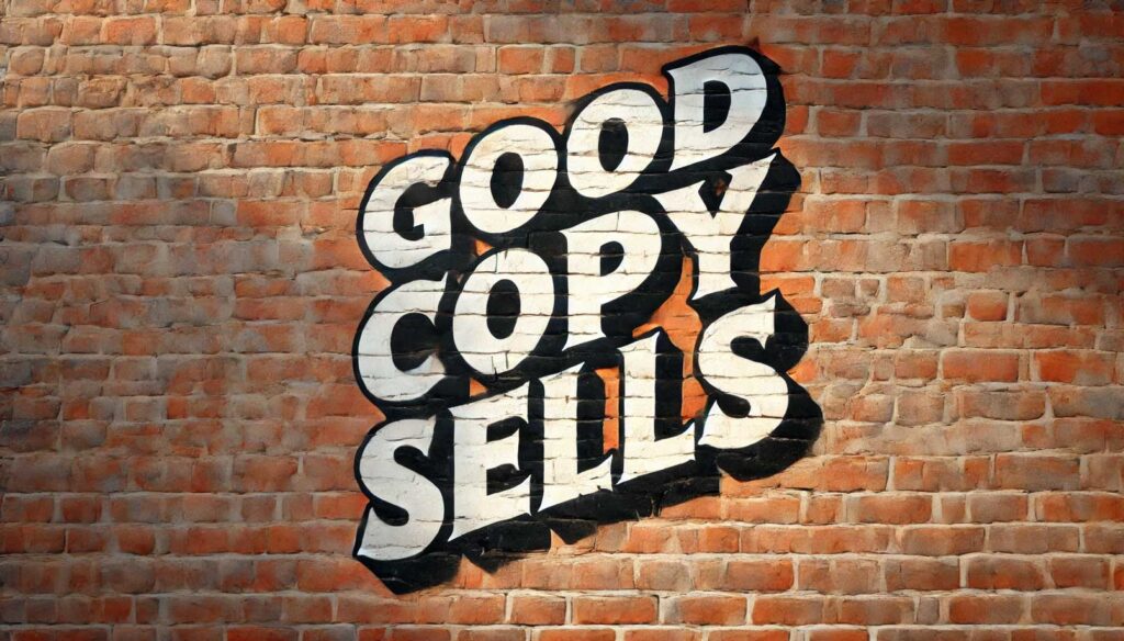 Der Text 'Good Copy Sells' auf eine Mauer gesprüht