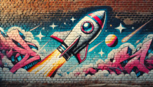 Foto eines Graffitis, das eine Rakete auf dem Weg zum Mond zeigt