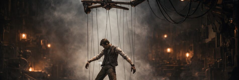 Eine Steampunk-Hand ist der Puppenspieler eines Menschen