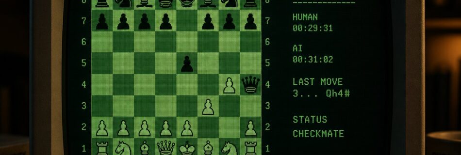 Foto von einem Computerbildschirm auf dem Mensch und KI gegeneinander Schach spielen. Die KI erzielt ein "Fool's Mate".