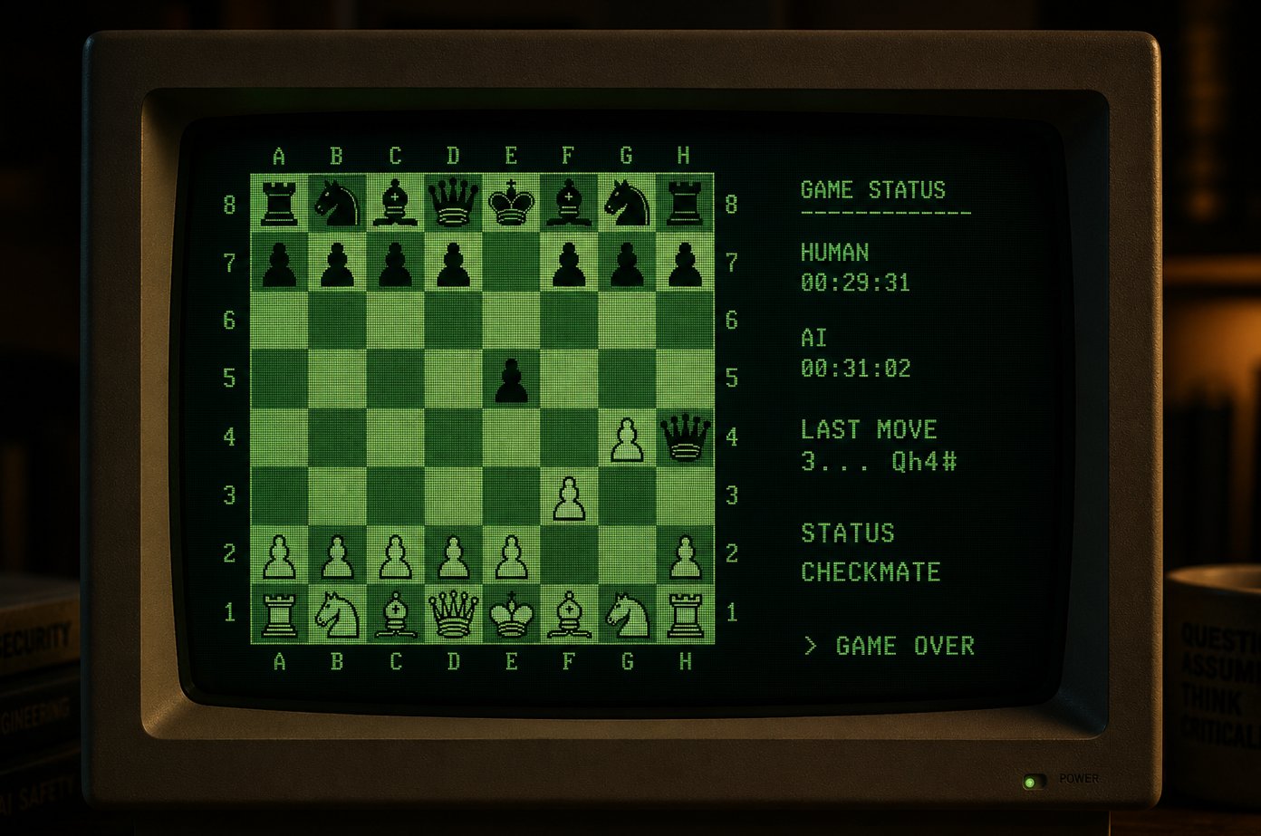 Foto von einem Computerbildschirm auf dem Mensch und KI gegeneinander Schach spielen. Die KI erzielt ein "Fool's Mate".