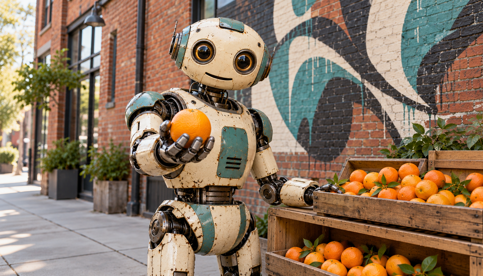 Ein Roboter verkauft Orangen auf einem Gehsteig