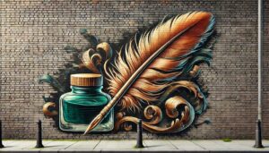 Graffiti of a feather pen on a brick wall