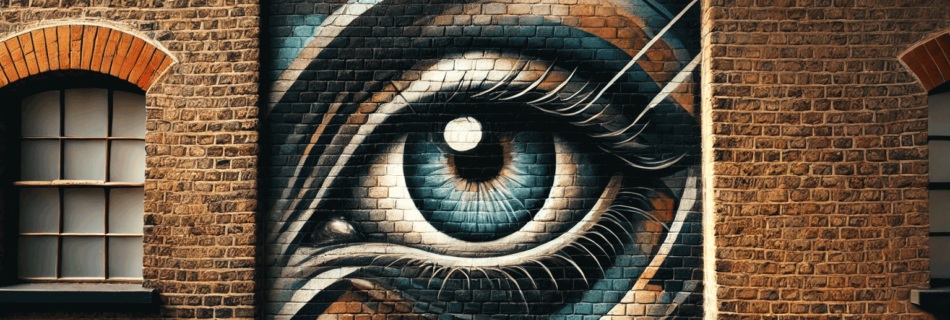 Photo of a brick wall showing a graffiti of a critical eye