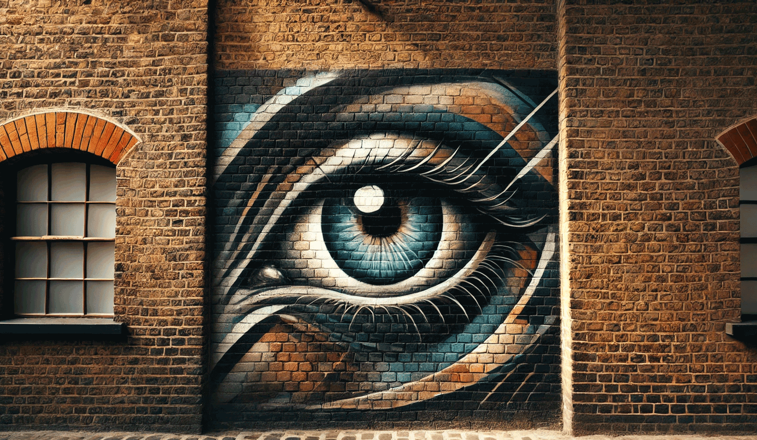 Photo of a brick wall showing a graffiti of a critical eye