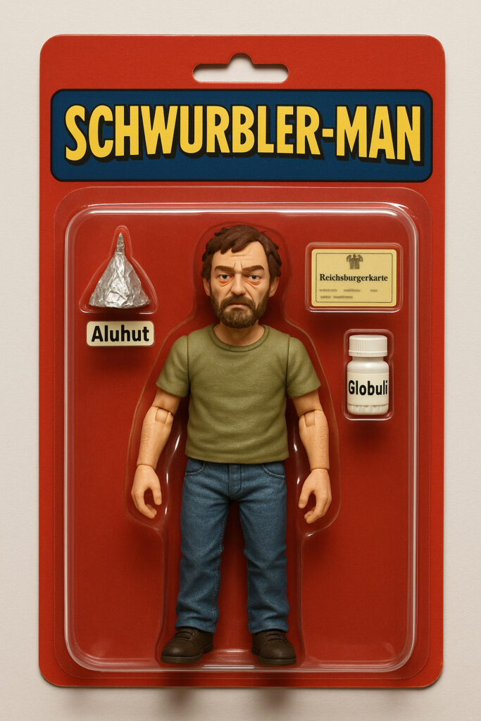 AI generated image of a "Schwurbler-Man" Action Figure