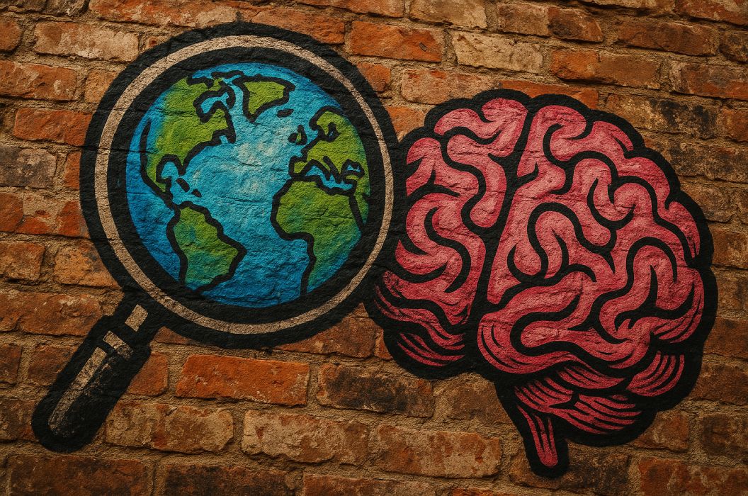A graffiti on a wall showing a magnifying glass, a world globe and a brain