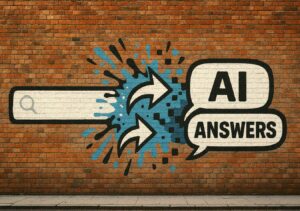 Graffito of a brick wall showing the transformation from classic search to an AI driven search environment.
