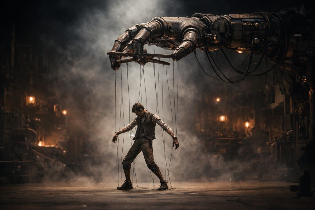 A giant steampunk puppeteer is pulling the strings of a human