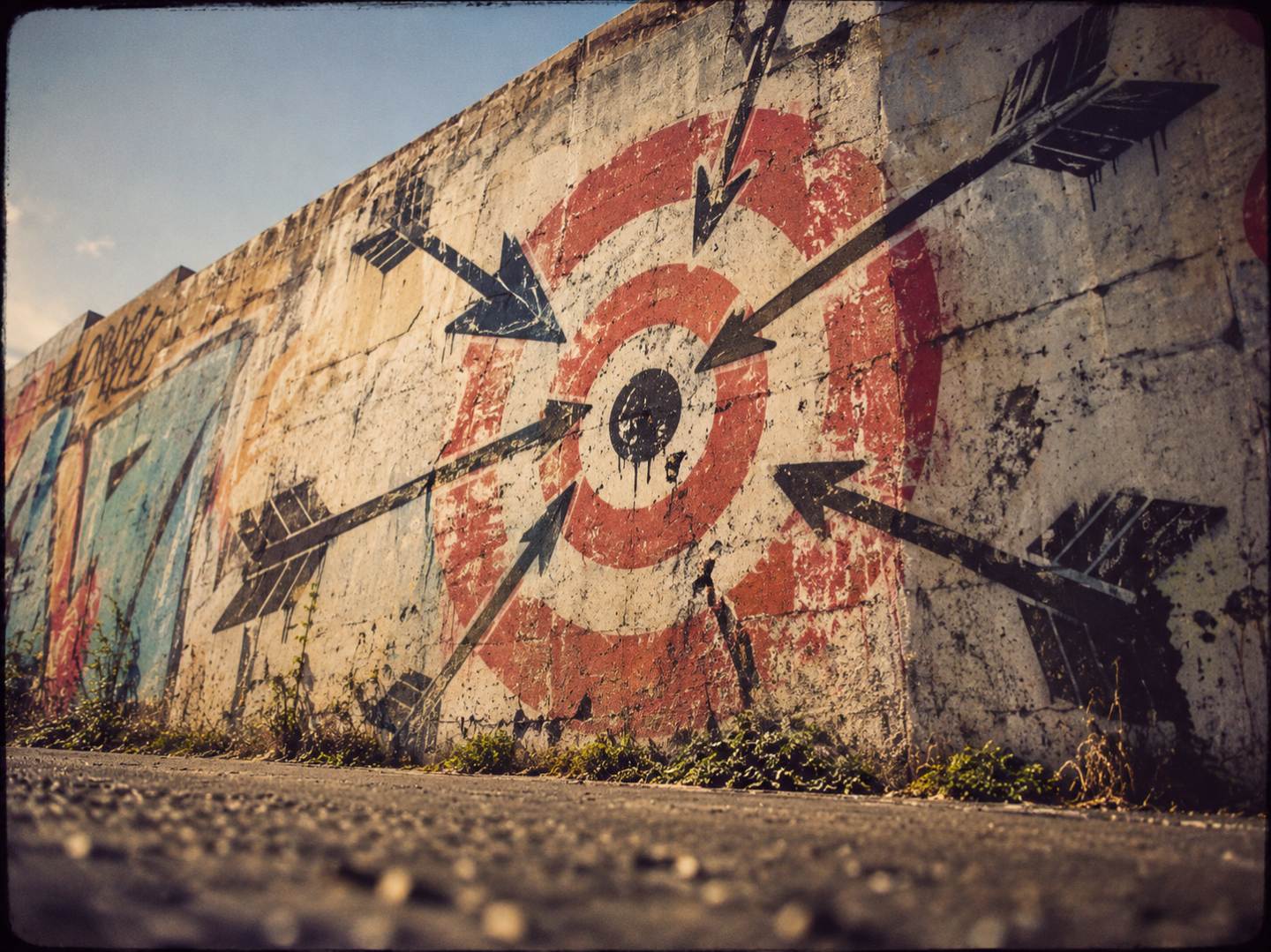 Photo of a graffiti sprayed wall showing a bulls eye target and arrows