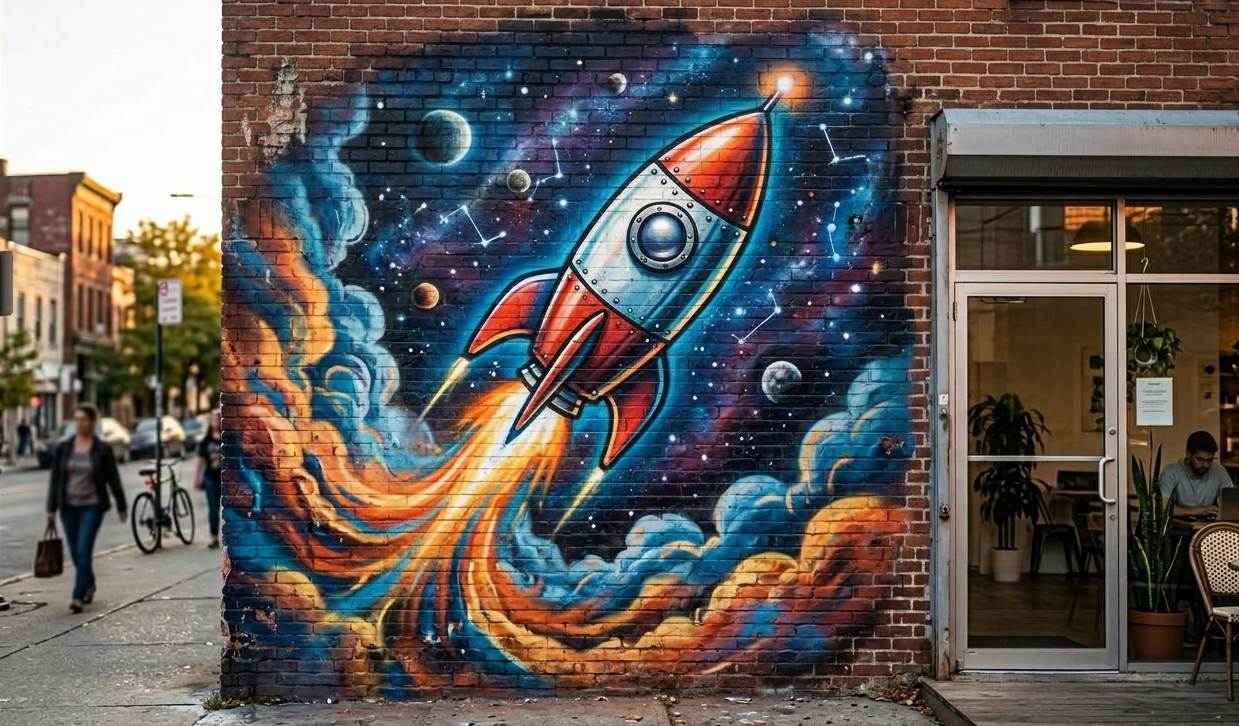 A graffiti on a wall next to a co-working space, showing a rocket